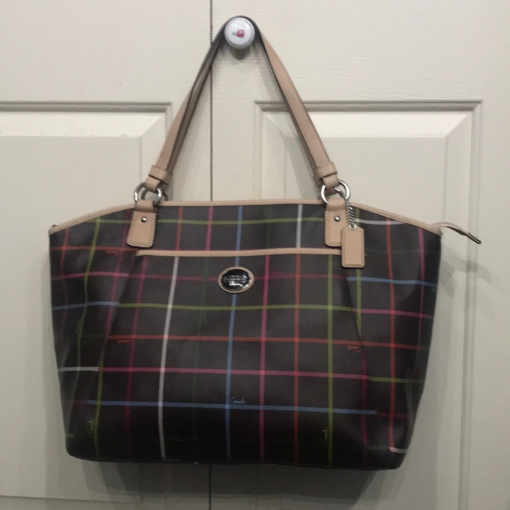 Brown Color-Striped Coach Tote Bag